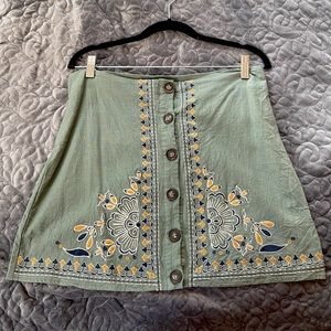 francesca’s green embroidered button-up skirt